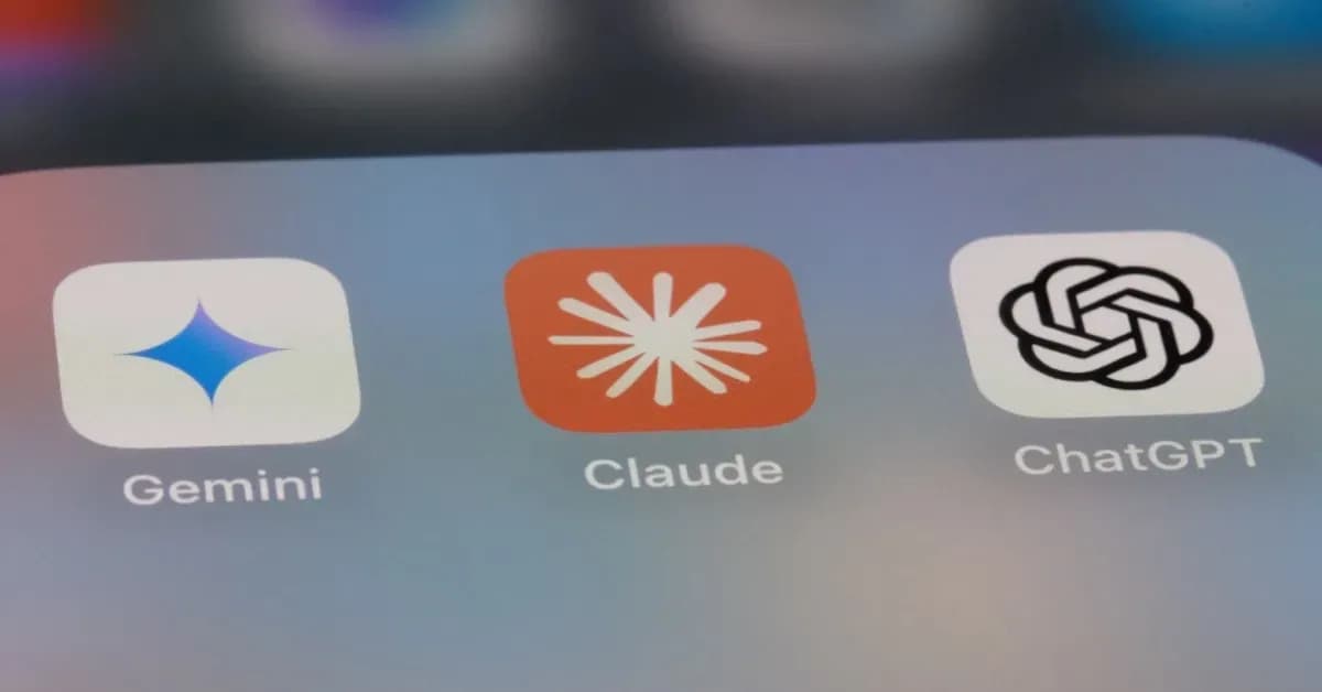 Close-up of a smartphone screen showing three AI app icons side by side: Gemini, Claude, and ChatGPT, each labeled with its name on a blurred background.
