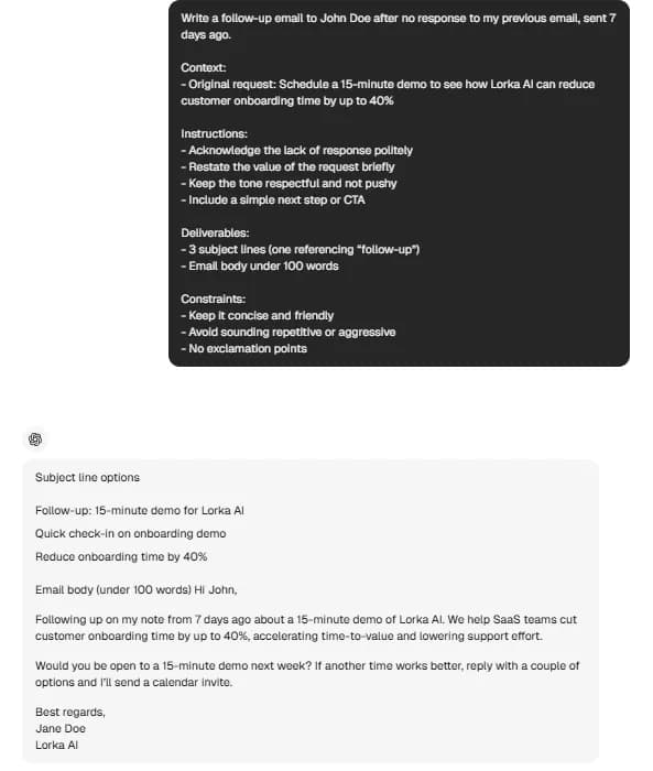 Example of a ChatGPT follow-up email prompt with an AI-generated sales follow-up email response.
