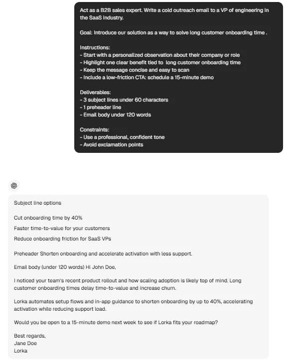 Example of a ChatGPT cold outreach email prompt and AI-generated sales email response for SaaS onboarding.