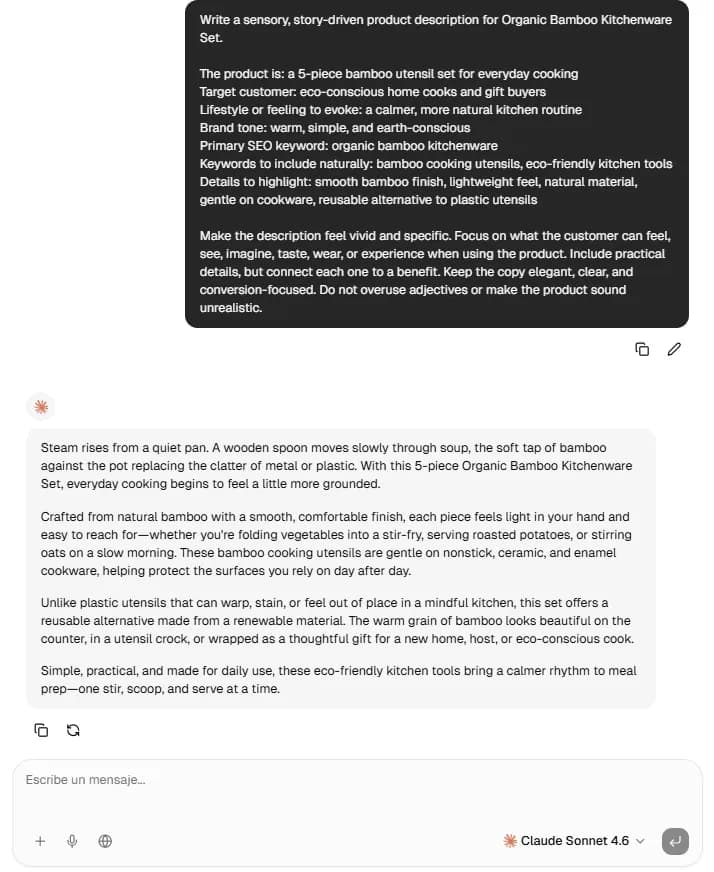 ChatGPT prompt example for writing a sensory e-commerce product description for bamboo kitchenware