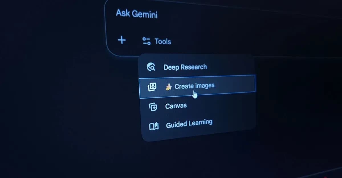 Gemini AI interface showing tools for image creation, canvas, and guided learning