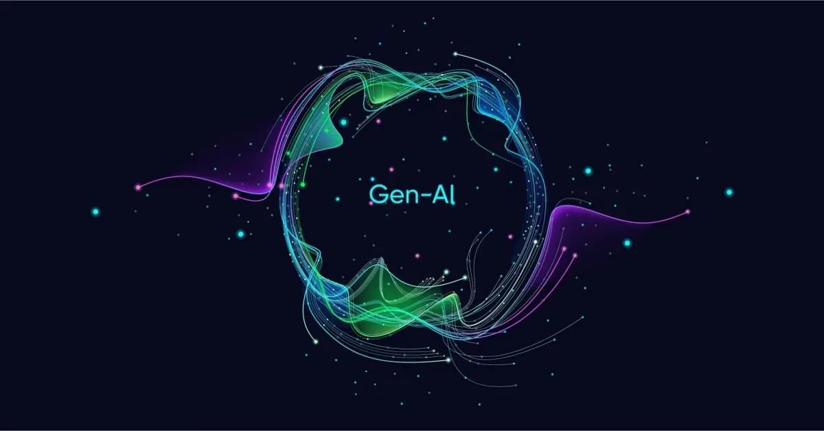Abstract neon visualization of generative AI with flowing data lines forming a circular shape around the text “Gen-AI” on a dark background.