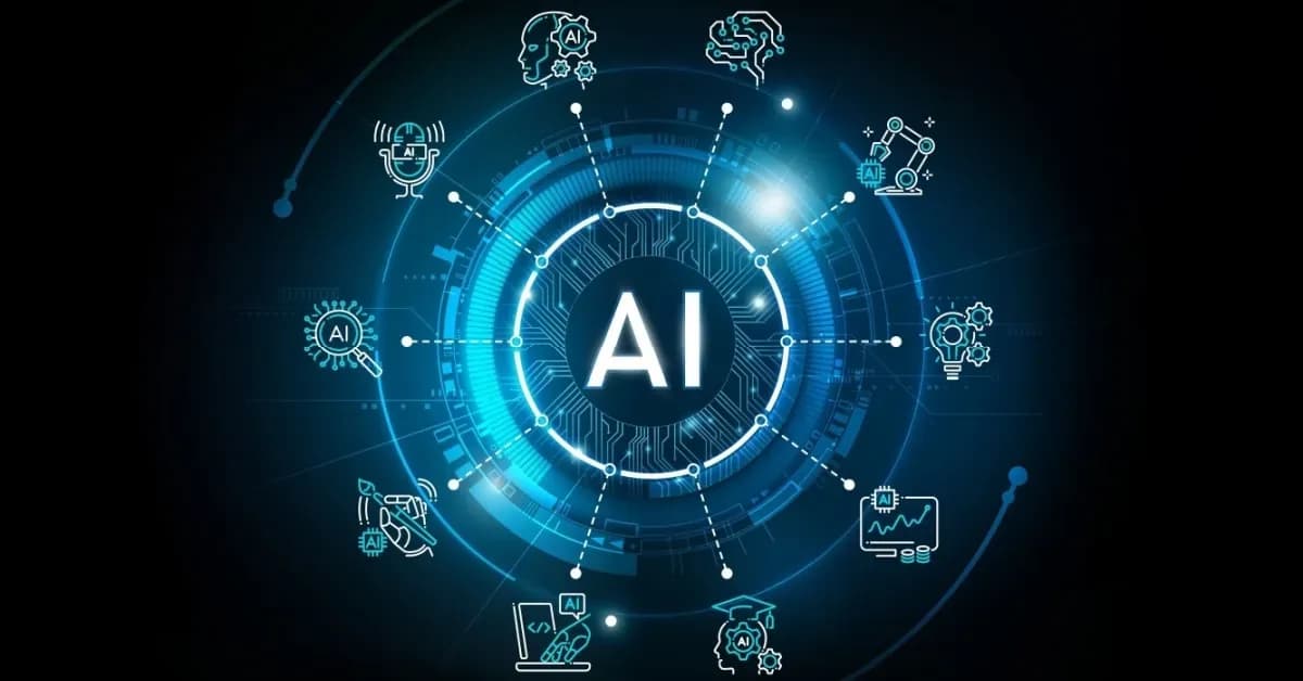 Futuristic digital illustration of the word “AI” at the center of a circular interface surrounded by icons representing robotics, data analysis, machine learning, and automation.