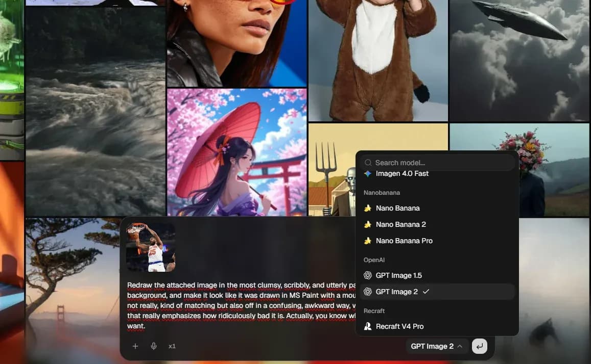 Selecting GPT Image 2 in Lorka AI to create viral MS Paint-style AI images from photos.