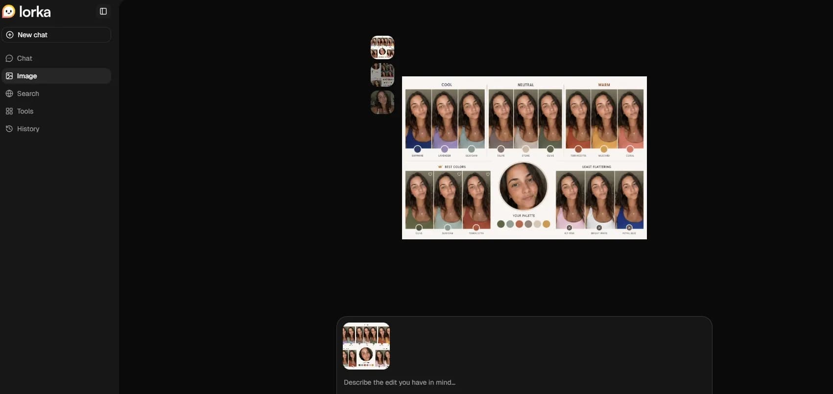 Lorka AI screenshot showing a side-by-side color comparison for cool, neutral, and warm outfit colors.