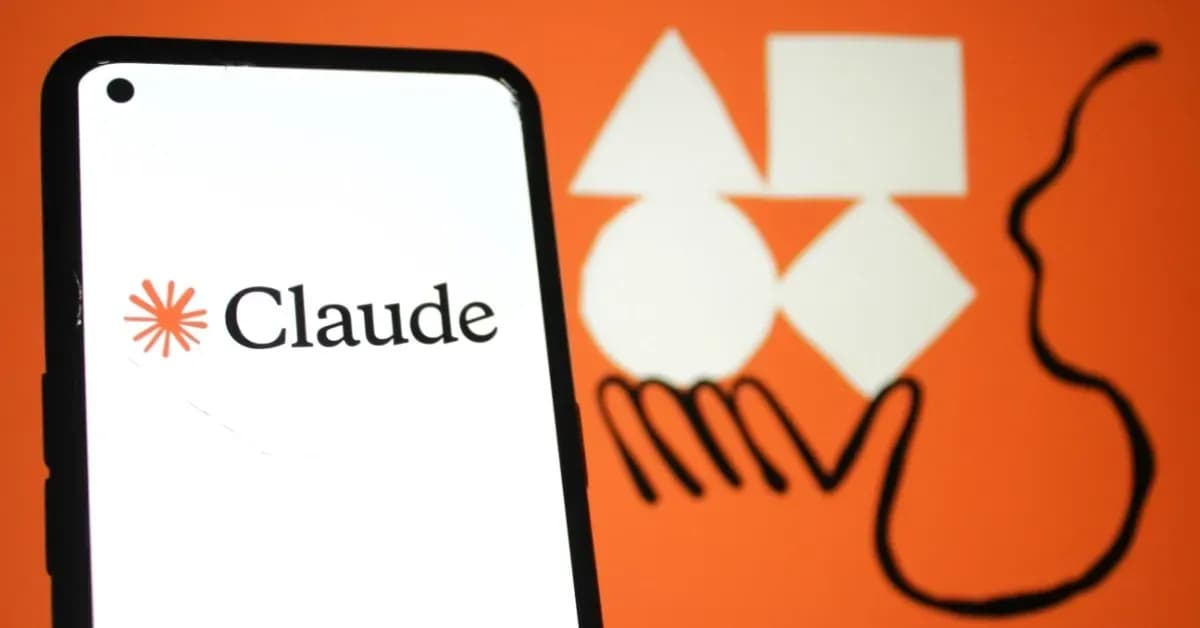 Smartphone displaying the Claude AI logo on screen against an orange background with abstract geometric shapes and a hand illustration.