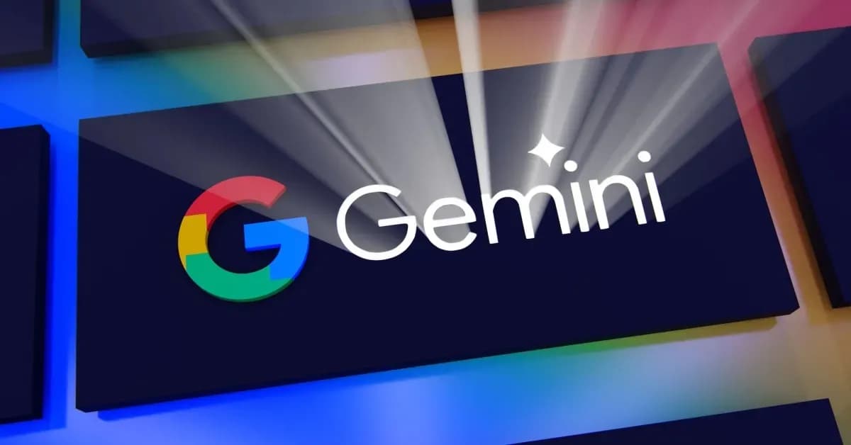 Google Gemini logo displayed on a screen with colorful lighting