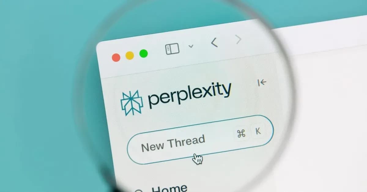 Close-up of the Perplexity AI website interface showing the logo and “New Thread” button under a magnifying glass effect.